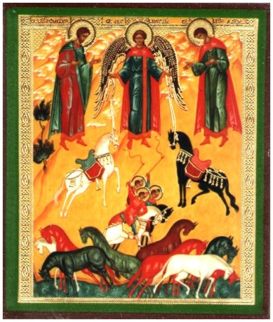 Иконы Флор, Лавр и  Михаил  архангел икона на дереве (6х7 см, Тиль)