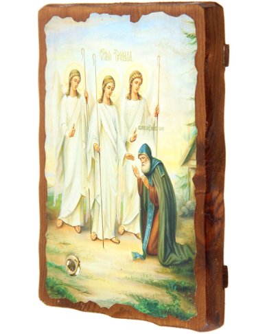 Утварь и подарки Явление Святой Троицы преподобному Александру Свирскому, икона на доске 13х17 см, с частицей песка с места явления