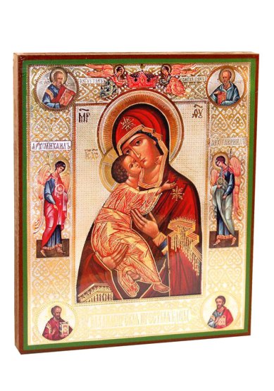 Иконы Владимирская икона Божией Матери с предстоящими литография на дереве (18 х 21 см)