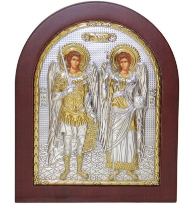 Иконы Архангел Михаил и Гавриил икона в серебряном окладе, ручная работа (14,5 х 18 см)