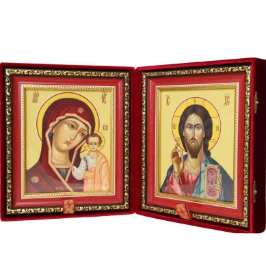 Иконы Складень Казанская Божия Матерь, Спаситель, ручная работа (бархат, размер иконы 20,5 х 23,5 см)