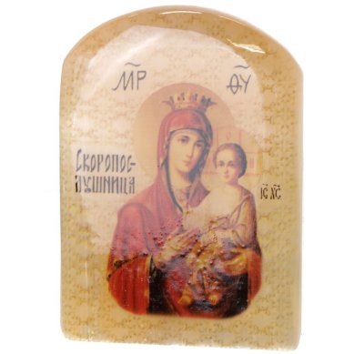 Иконы Скоропослушница, икона настольная из селенита (45 х 30 х 65 мм, 65 г)