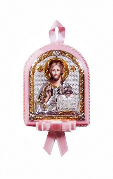 Иконы Господь Вседержитель икона детская, в серебряном окладе (розовая, 7,5 х 9,5 см)