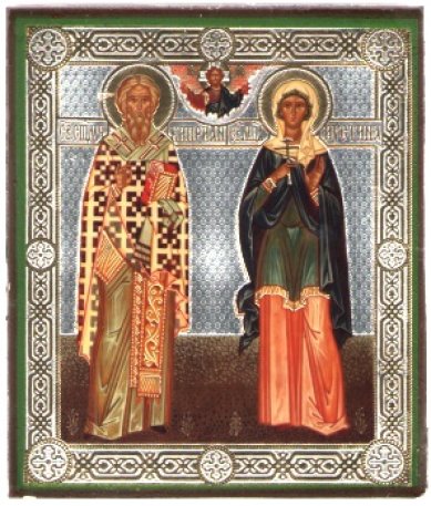 Иконы Киприан  и  Иустина мученики икона на дереве (9х10,5 см, Тиль)