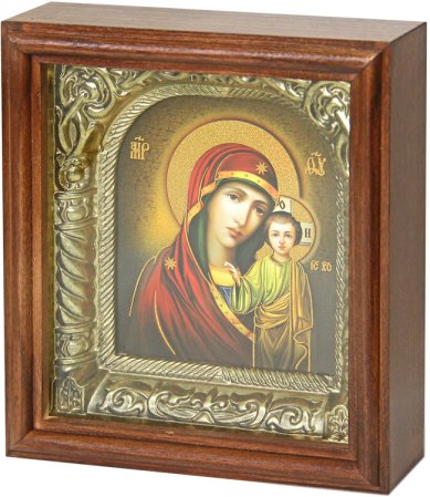 Иконы Казанская, деревянная рамка, фигурный арочный киот, икона Божией Матери (17,5 х 19,5 см)