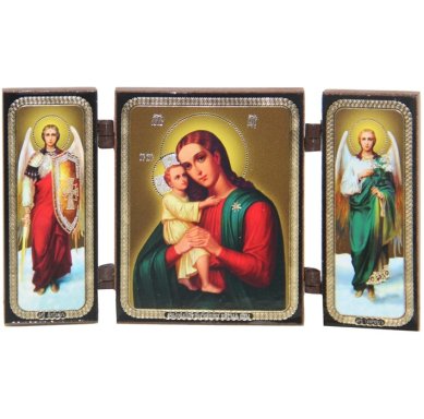 Иконы Взыскание погибших икона Божией Матери с архангелами складень тройной (13 х 7,5 см)