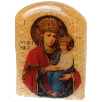 Иконы Споручница грешных, икона настольная из селенита (45 х 30 х 65 мм, 65 г)