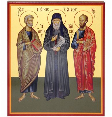 Иконы Паисий Святогорец с ап.Петром и Павлом икона на дереве, ручная работа (12,7 х 15,8 см)