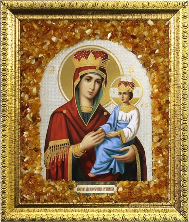 Иконы Споручница грешных, икона Божией Матери с янтарной крошкой, 14 х 16 см