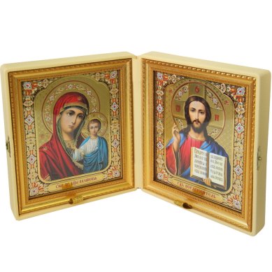Иконы Складень Казанская Божия Матерь, Спаситель, ручная работа (искусственная кожа, размер иконы 17 х 20 см)