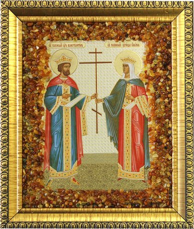 Иконы Константин и Елена, икона с янтарной крошкой, 14 х 16 см