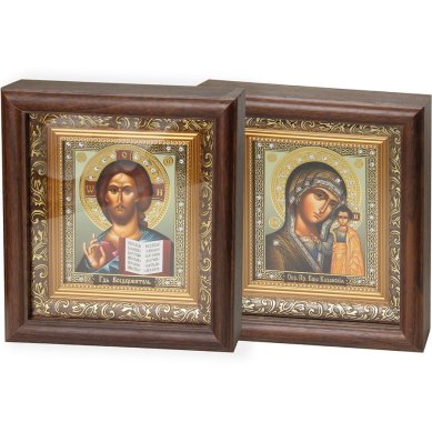 Иконы Венчальная пара Господь Вседержитель-Казанская БМ иконы в киоте (21,5 х 23,5 см)