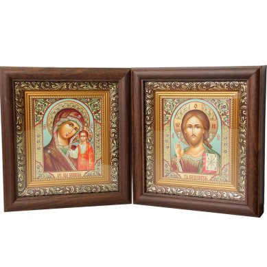 Иконы Венчальная пара Спаситель-Казанская Божия Матерь иконы в киоте (21,5 х 23,5 см)