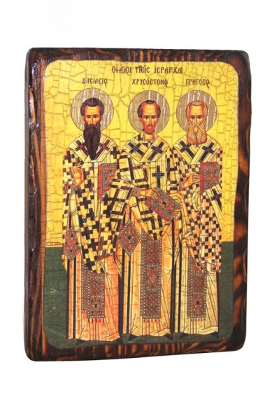 Иконы Собор трех святителей икона на доске под старину (18 х 24 см)