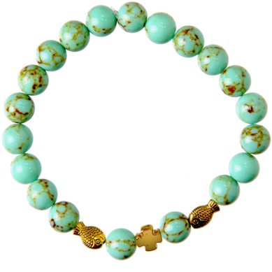 Утварь и подарки Браслет из камня бирюза с крестом и рыбками, 20 звеньев