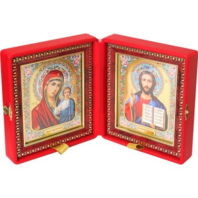 Иконы Складень Казанская Божия Матерь, Спаситель, ручная работа (искусственная кожа, размер иконы 12,5 х 14,5 см)