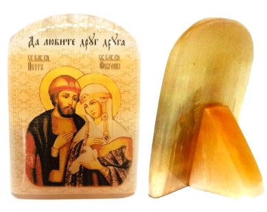 Иконы Петр и Феврония, икона настольная из селенита, 45 х 65 мм