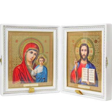 Иконы Складень Казанская Божия Матерь, Спаситель, ручная работа (белая искусственная кожа, размер иконы 17,5 х 20,5 см)