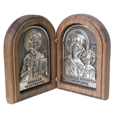 Иконы Складень двойной с иконами Николая Чудотворца и Казанской Божией Матери (5 х 6,7 см, дерево, гальваника)