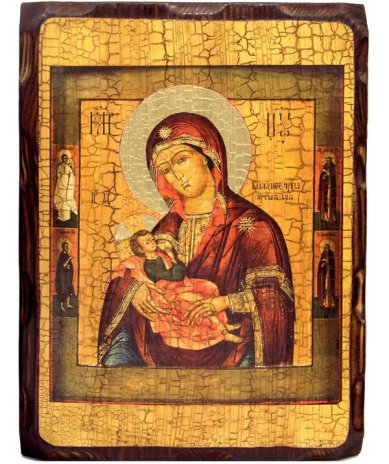 Иконы Барловская икона Божией Матери «Блаженное чрево» с предстоящими икона на дереве под старину (18 х 24 см)