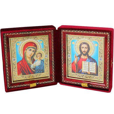 Иконы Складень Казанская Божия Матерь, Спаситель (бархат, размер иконы 12,5 х 14,5 см)
