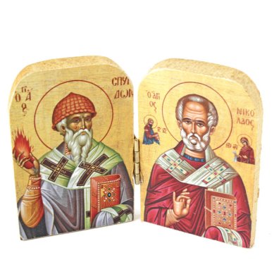 Иконы Складень средний, деревянный резной, Спиридин Тримифунтский, Николай Чудотворец (5 х 7 см) Греция