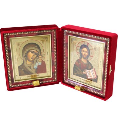 Иконы Складень Казанская Божия Матерь, Спаситель, (бархат, размер иконы 12,5 х 14,5 см)