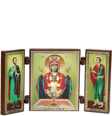 Иконы Неупиваемая чаша икона Божией Матери с предстоящими складень тройной (13 х 7,5 см)