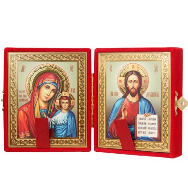 Иконы Складень Казанская Божия Матерь, Спаситель (бархат, размер иконы 10,5 х 12 см)