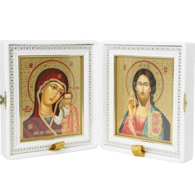 Иконы Складень Казанская Божия Матерь, Спаситель, ручная работа (белая искусственная кожа, размер иконы 12,5 х 14,5 см)