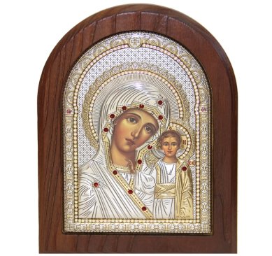 Иконы Казанская икона Божией Матери на дереве в серебряном окладе, ручная работа (13 х 16,5 см)
