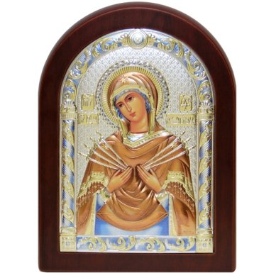 Иконы Семистрельная икона Божией Матери  в серебряном окладе, ручная работа (15 х 20 см)
