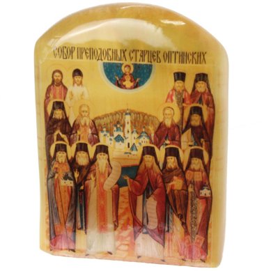 Иконы Собор Оптинских Старцев, икона настольная из селенита (45 х 30 х 65 мм, 65 г)