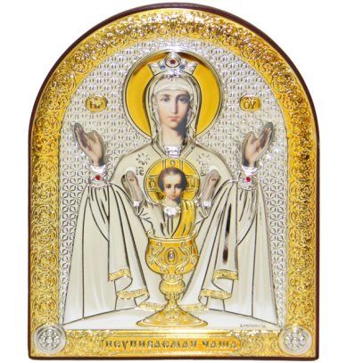 Иконы Неупиваемая Чаша икона Божией Матери в серебряном окладе, ручная работа (10 х 12,3 cм) 
