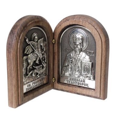 Иконы Складень двойной с иконами Георгия Победоносца и Николая Чудотворца (5 х 6,7 см, дерево, гальваника)