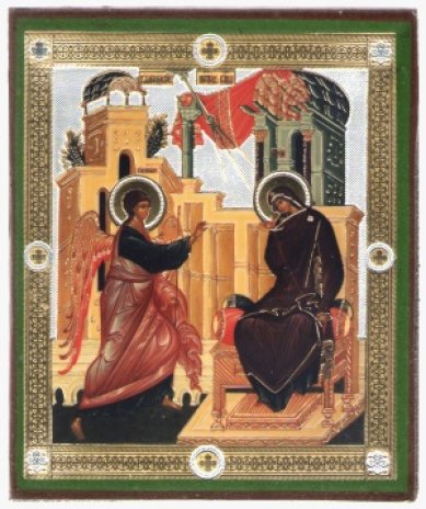 Иконы Благовещение Пресвятой Богородицы, икона литография на дереве (9 х 10,5 см)