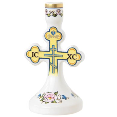 Утварь и подарки Подсвечник крест «Спаси и сохрани!» (желтый фон, фарфор)
