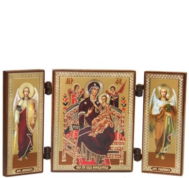 Иконы Всецарица икона Божией Матери с архангелами складень тройной (13 х 7,5 см)