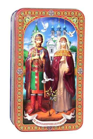 Натуральные товары Шкатулка подарочная с чаем «Святые Петр и Феврония» (ж/б, 100 г)