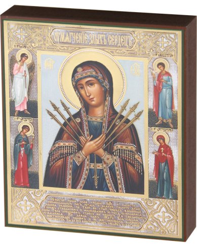 Иконы Умягчение злых сердец с предстоящими икона Божией Матери на дереве (17 х 21 см)