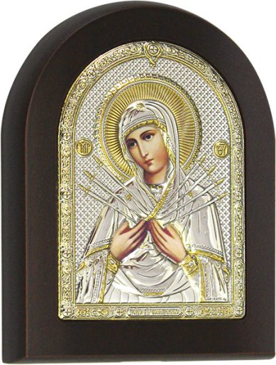 Иконы Семистрельная икона Божией Матери в серебряном окладе 10 х 12 см
