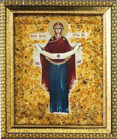 Иконы Покров Божией Матери, икона с янтарной крошкой, 14 х 16 см