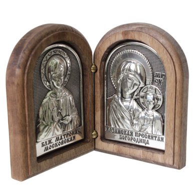 Иконы Складень двойной с иконами Казанской Божией Матери и Матроны Московской (5 х 6,7 см, дерево, гальваника)