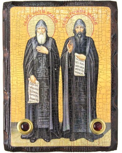 Иконы Сергий и Герман Валаамские, икона на дереве под старину с мощевиками (18 х 24 см)