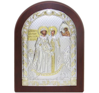 Иконы Петр и Феврония святые князья в серебряном окладе, ручная работа (14,5 х 19,5 см)