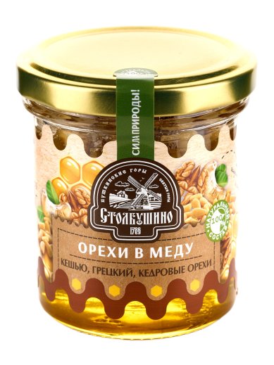 Натуральные товары Орехи в меду. Смесь кешью, грецкого ореха и кедрового ореха, 160 г