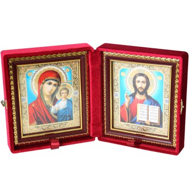 Иконы Складень Казанская Божия Матерь, Спаситель, ручная работа (бархат, размер иконы 12,5 х 14,5 см)