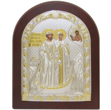 Иконы Петр и Феврония святые князья в серебряном окладе, ручная работа (18 х 23 см)