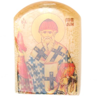 Иконы Спиридон Тримифунтский, икона настольная из селенита (45 х 30 х 65 мм, 65 г)