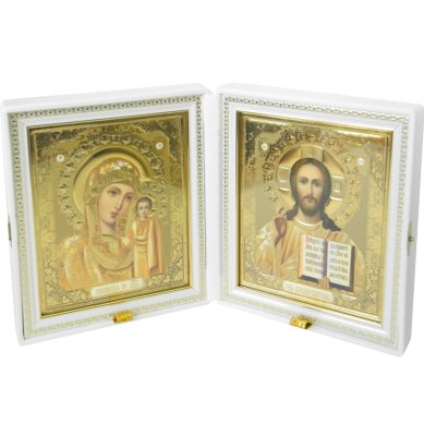 Иконы Складень Казанская Божия Матерь, Спаситель, ручная работа (белая искусственная кожа, размер иконы 17,5 х 20,5 см)